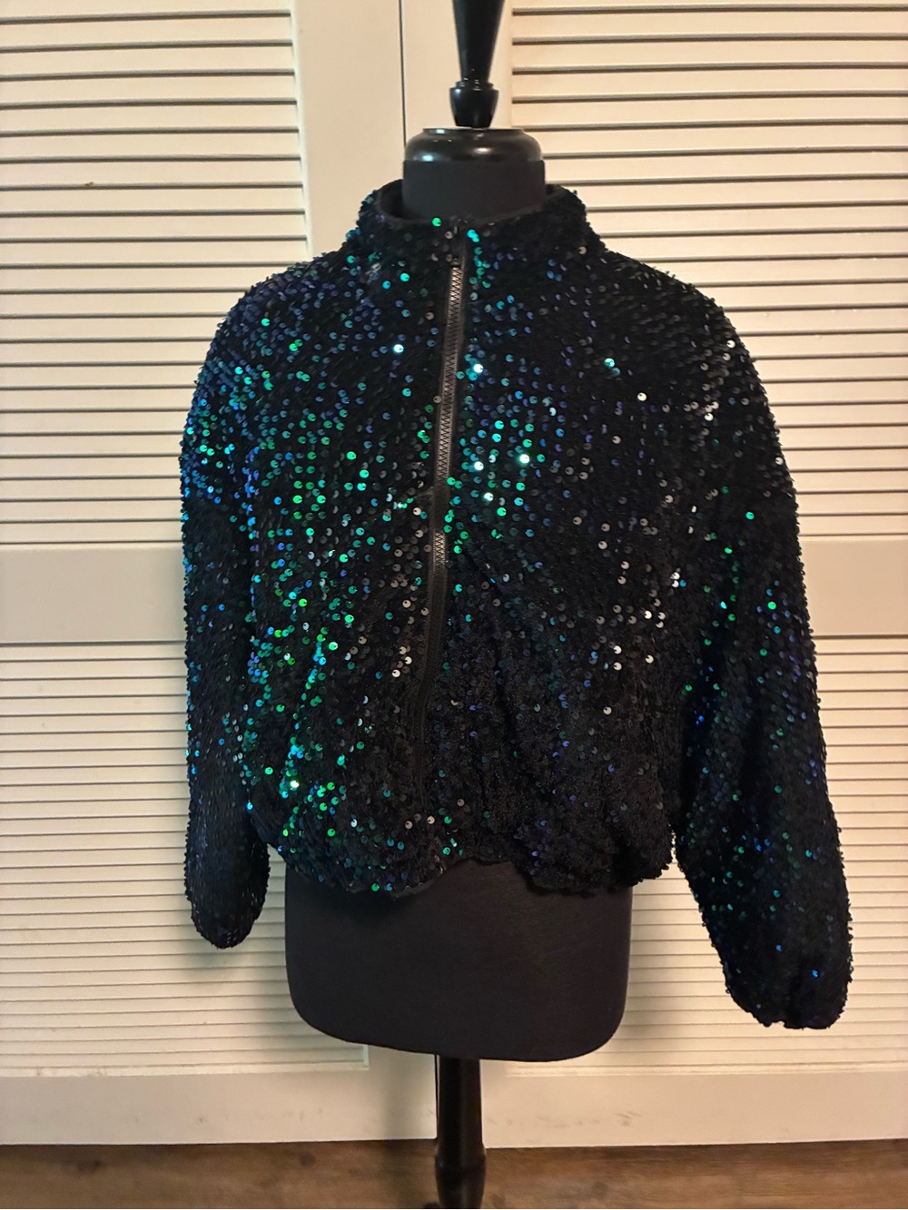 SHEIN Black Sequin Zip-Up Jacket with Green & Blue Iridescent Accents